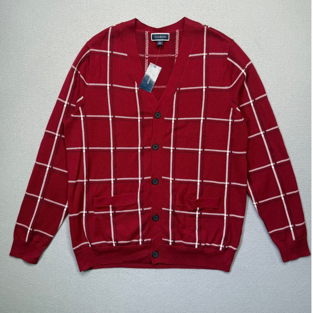 Club Room Men's Cotton Windowpane-Plaid Cardigan Sweater, Crimson large $65
